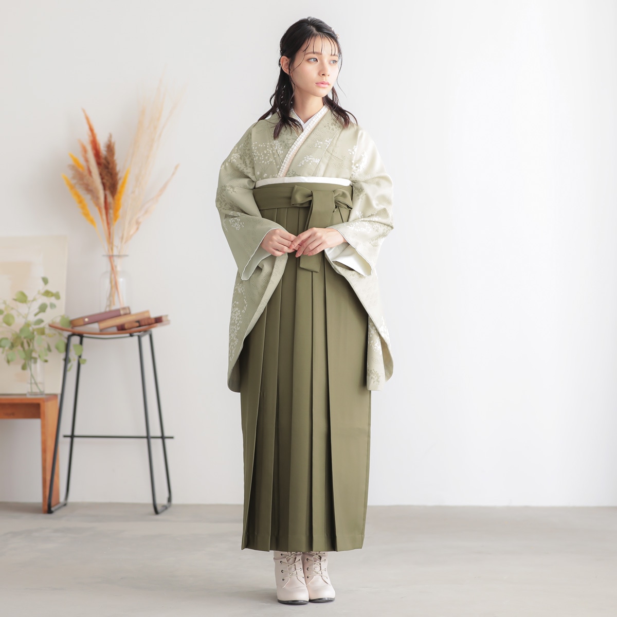  灰黄緑　かすみ草に青海波 レンタル 大学生袴 G1026