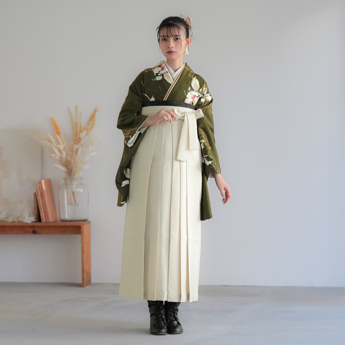 そしてゆめ 抹茶 流水に椿 レンタル 大学生袴 G1013