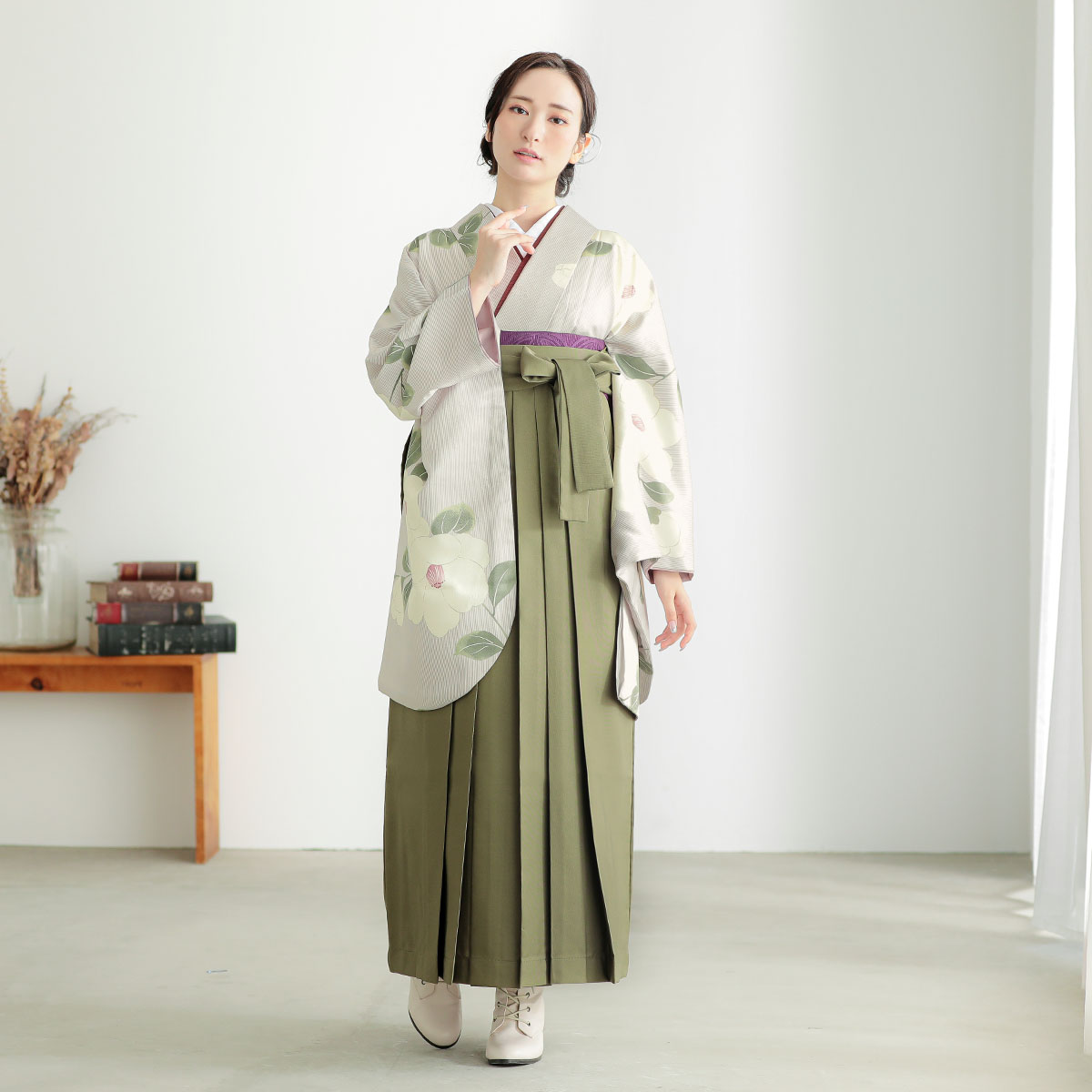  【SALE】 淡ブルーグレー　万筋椿 レンタル 大学生袴 G1009