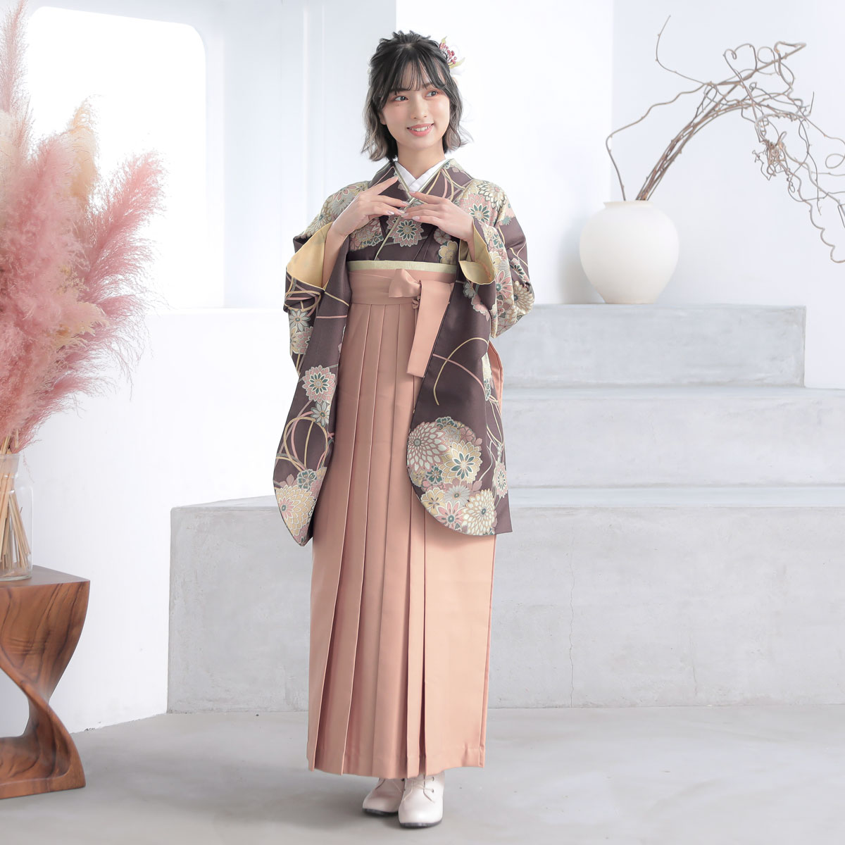  【SALE】 紫鳶色　黄花薬玉 A355 レンタル 大学生袴 G995