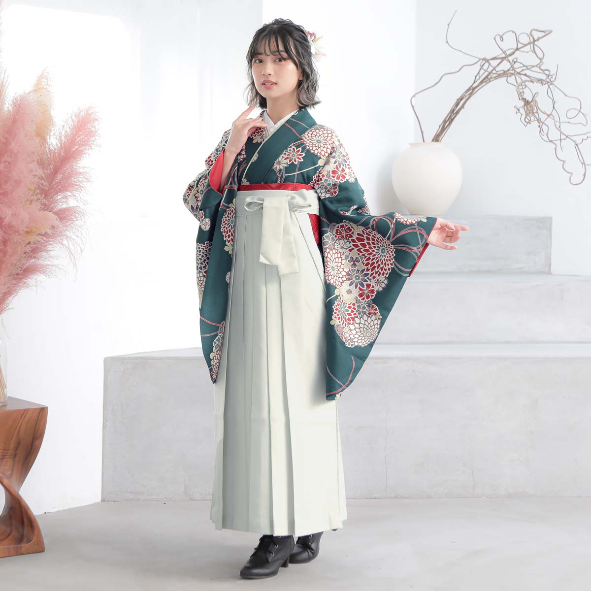  【SALE】 青緑　赤花薬玉 A352 レンタル 大学生袴 G991