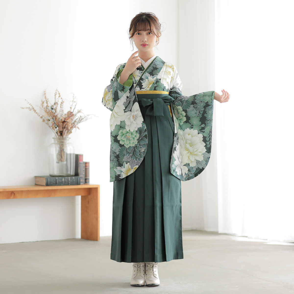  【SALE】 深緑　牡丹 レンタル 大学生袴 G985