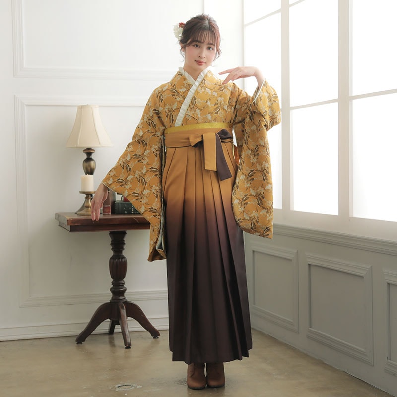  黄土色　ジャガード織×フラワー レンタル 大学生袴 G979