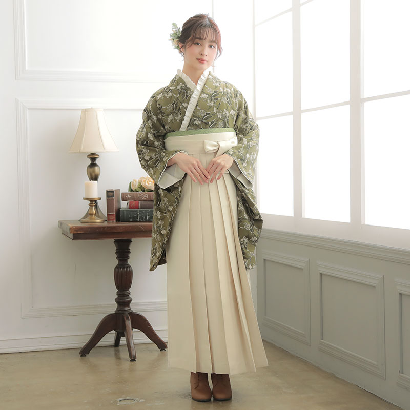  【SALE】 カーキグリーン　ジャガード織×フラワー レンタル 大学生袴 G978