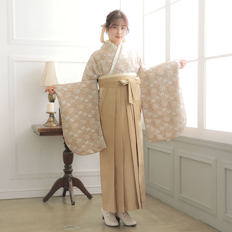  【SALE】 ベージュ　ジャガード織×フラワー レンタル 大学生袴 G977