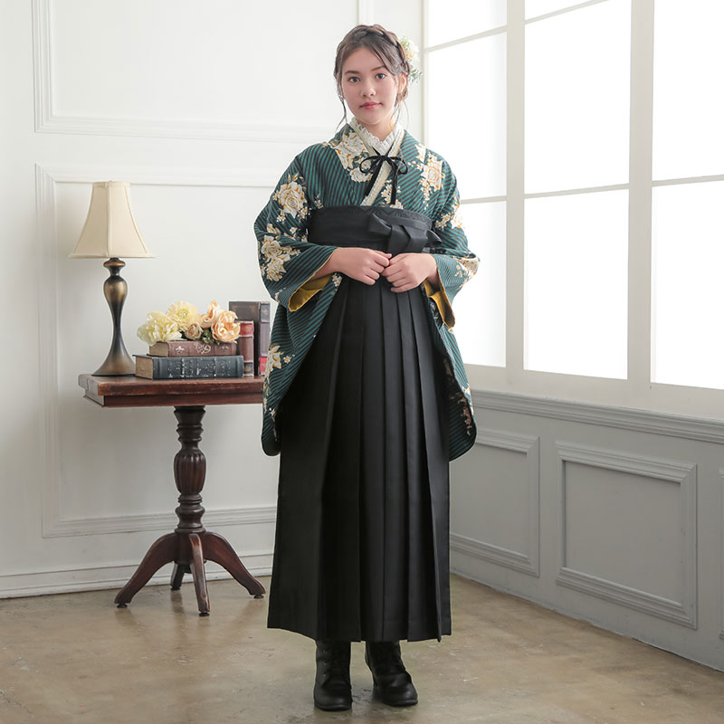  【SALE】 グリーン　ストライプブーケ A348 レンタル 大学生袴 G966