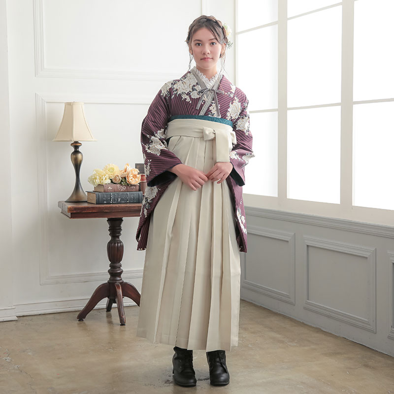  【SALE】 プラム　ストライプブーケ A347 レンタル 大学生袴 G965