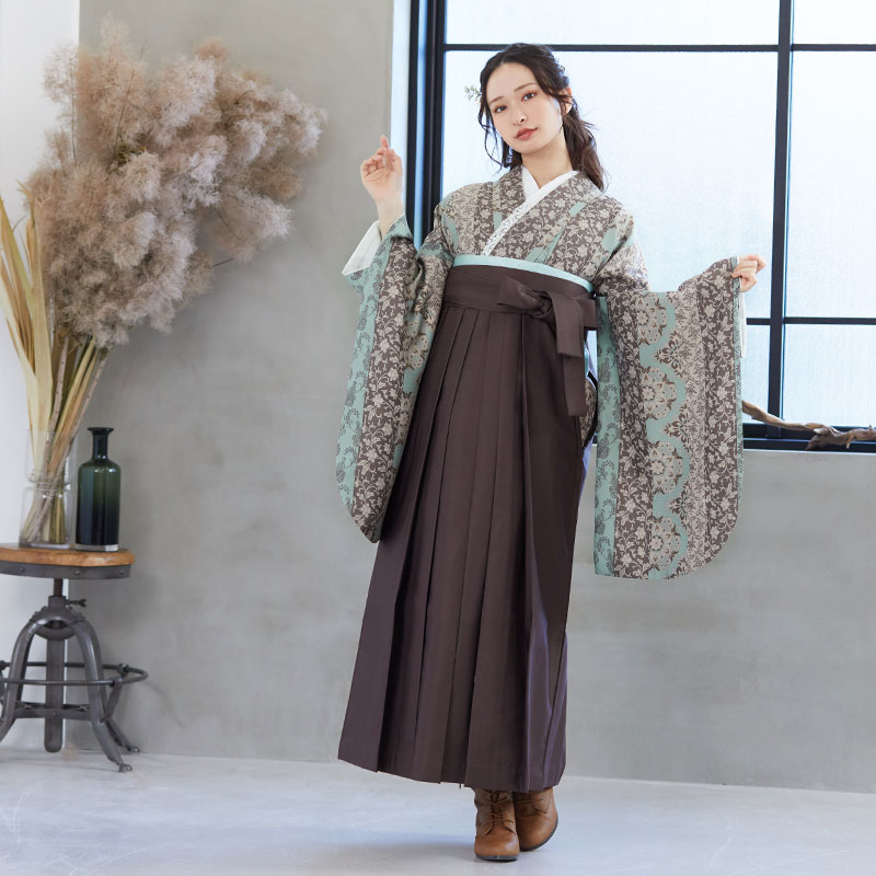  【SALE】 ベージュ×水色　縞更紗 レンタル 大学生袴 G955