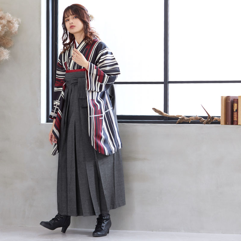  【SALE】 赤×グレー×黒　変わり縞 レンタル 大学生袴 G953