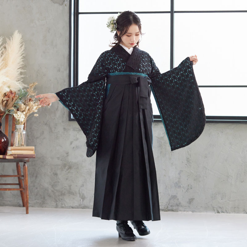  【SALE】 黒×ブルーグリーン　フラワー総レース レンタル 大学生袴 G942