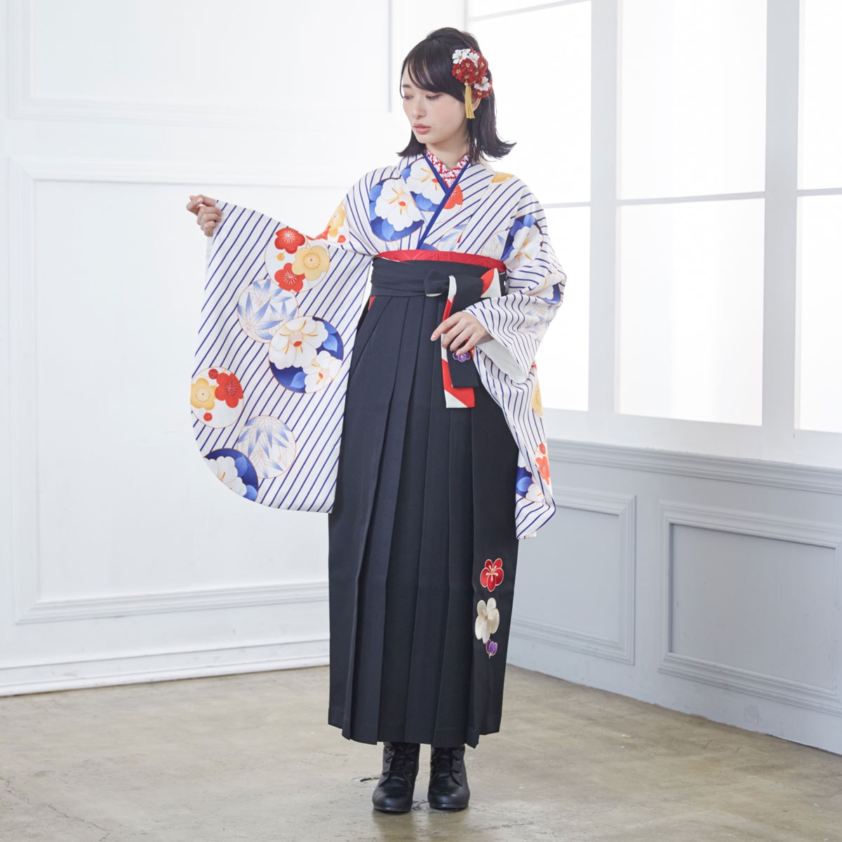  【SALE】 青ストライプと丸に草花 レンタル 大学生袴 G929