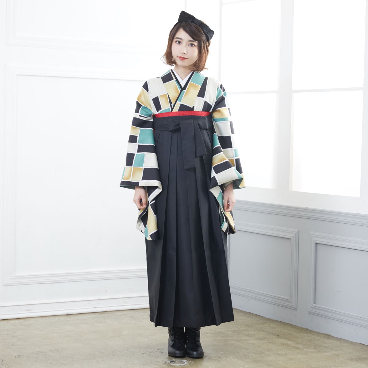  【SALE】 緑×黒　格子 レンタル 大学生袴 G923