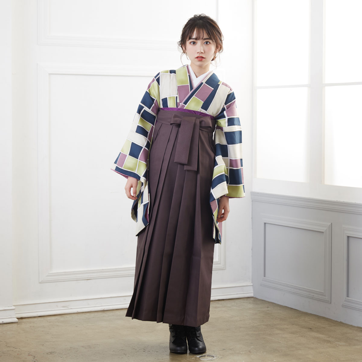  【SALE】 紫×紺　格子 レンタル 大学生袴 G922