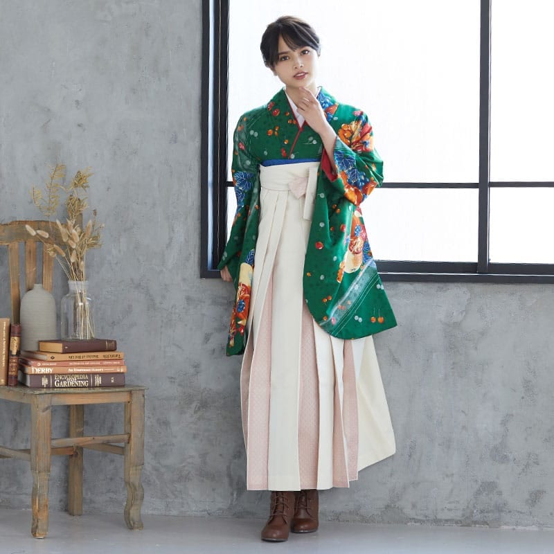 モダンアンテナ 【SALE】 緑　フルーツ柄 レンタル 大学生袴 G905
