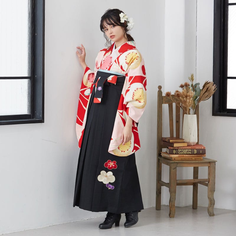 紅一点 赤　松葉に大梅文様 レンタル 大学生袴 G903