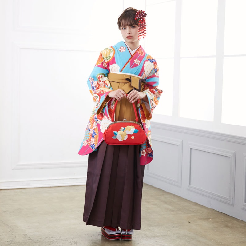  【SALE】 水色　矢絣に扇と丸に花 レンタル 大学生袴 G894