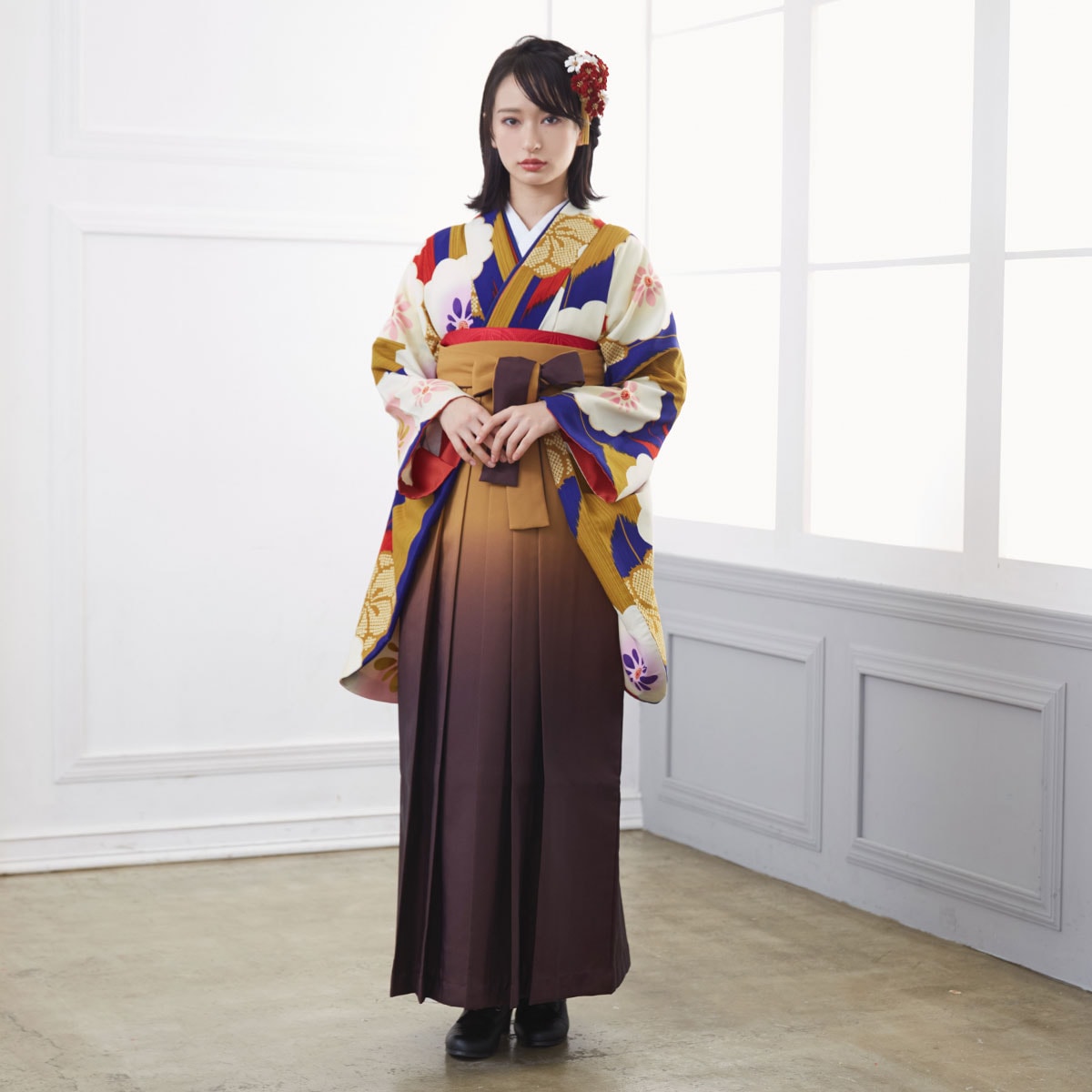 紅一点 【SALE】 金茶×赤青　矢羽根に菊梅 レンタル 大学生袴 G890