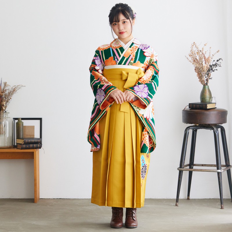  【SALE】 緑　縞に菊桜楓 レンタル 大学生袴 G875