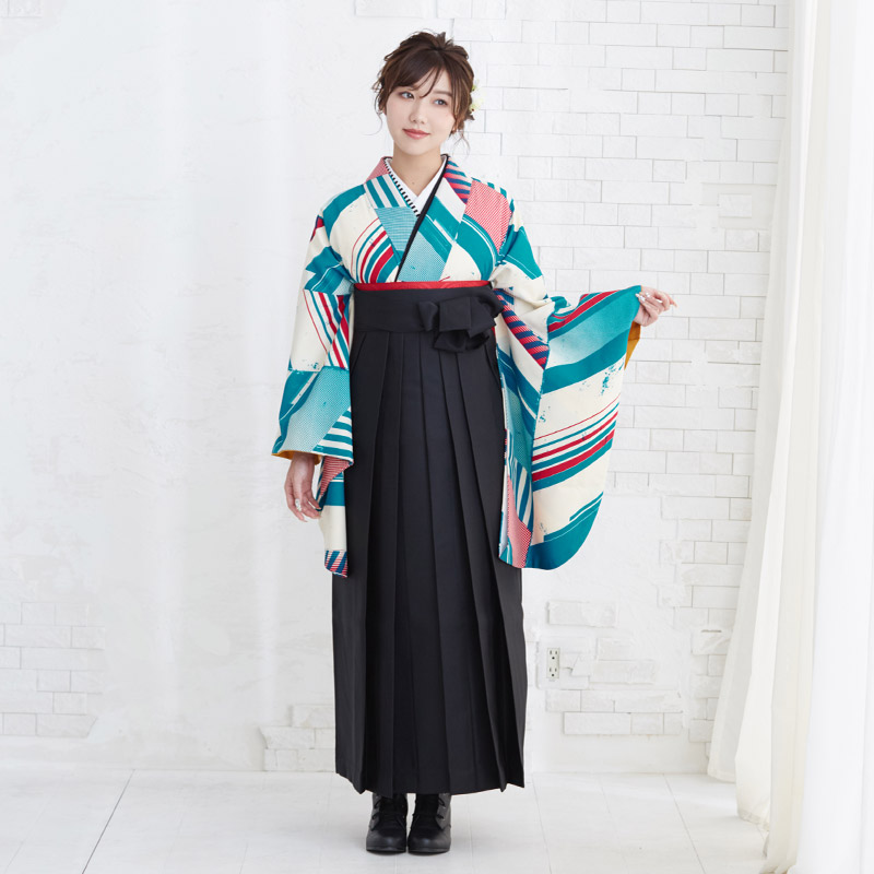 モダンアンテナ 【SALE】 クリーム　青緑＆赤　斜め文様 レンタル 大学生袴 G860