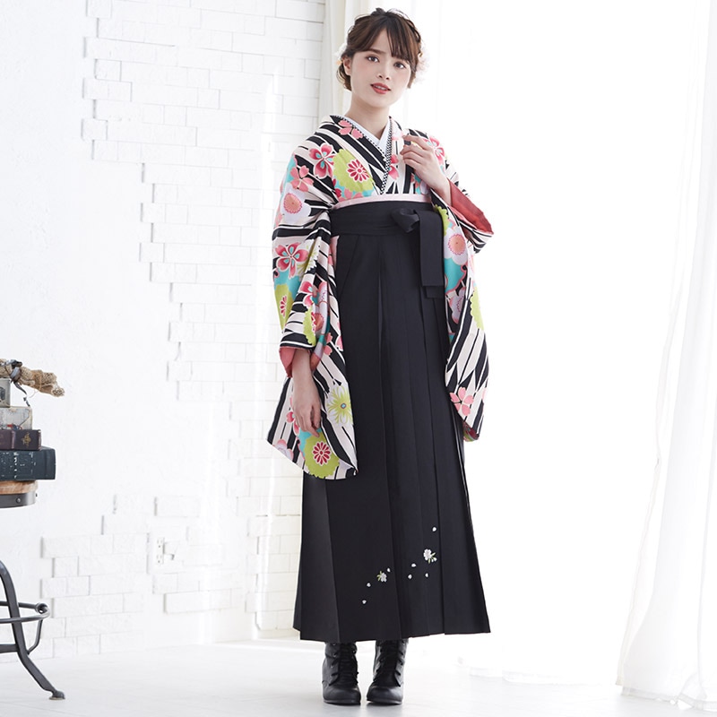  【SALE】 黒×ピンク　矢絣に雪輪と花 G864 レンタル 大学生袴 G858