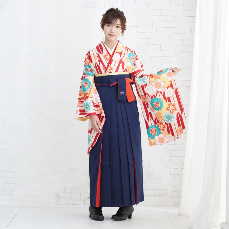  【SALE】 赤×黄色　矢絣に雪輪と花 G863 レンタル 大学生袴 G857