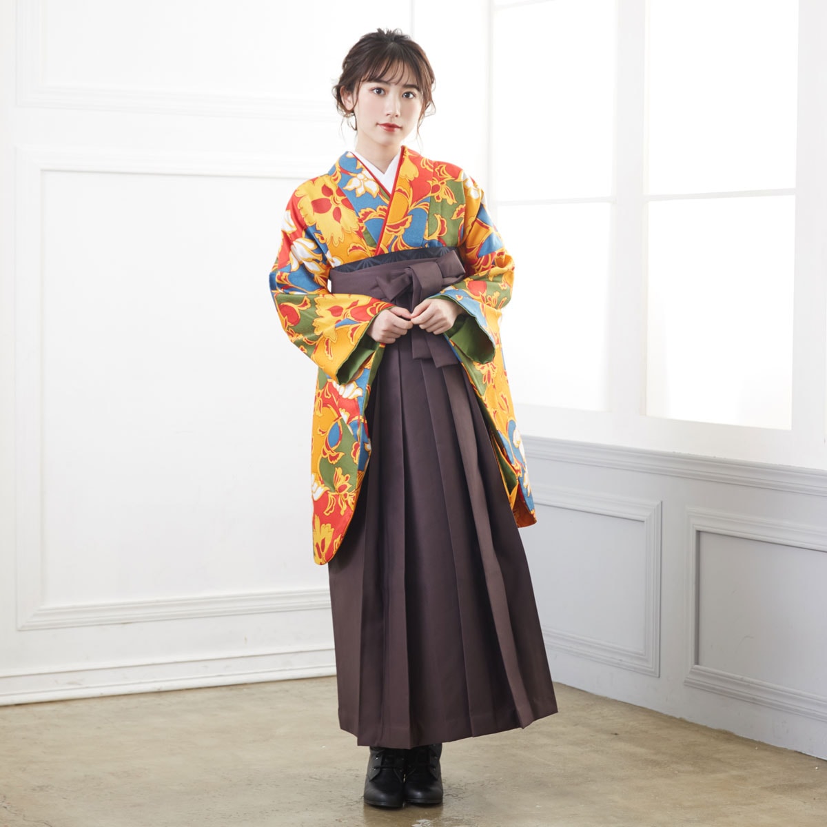  【SALE】 橙色　花唐草 レンタル 大学生袴 G856