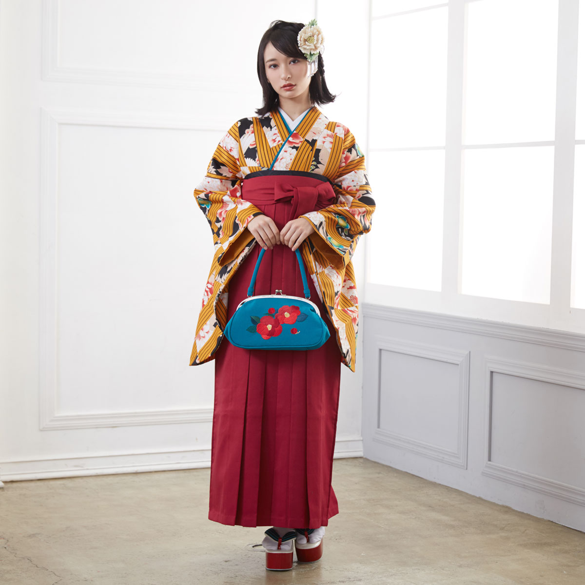  【SALE】 橙　縦縞に花と鶴 レンタル 大学生袴 G851