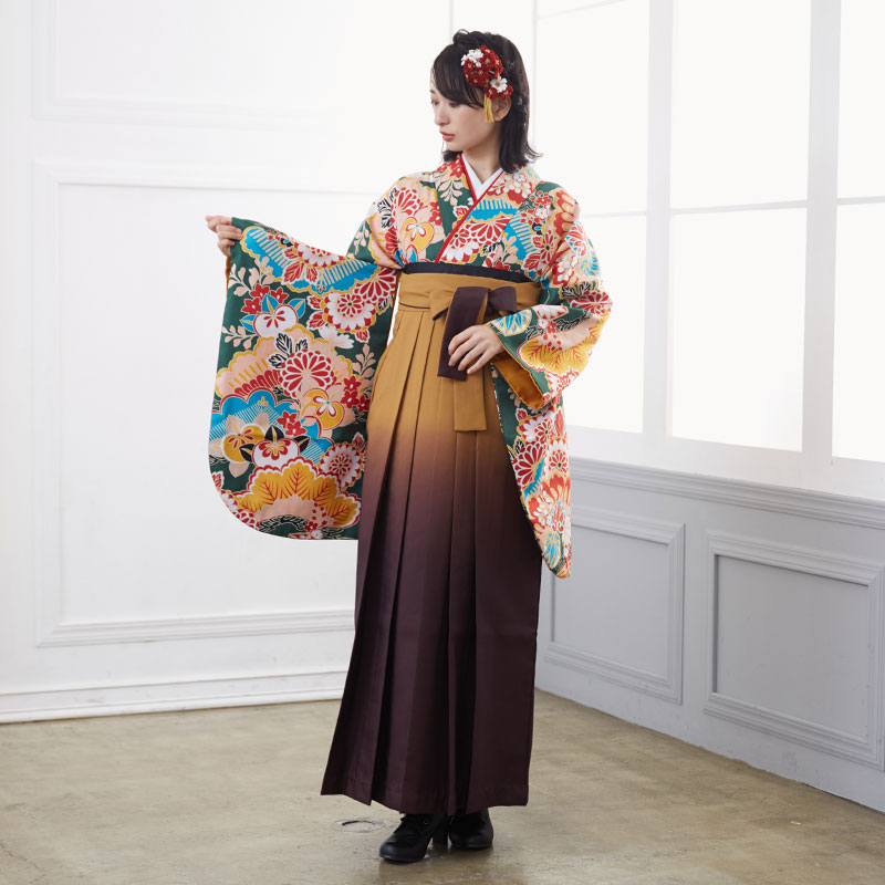  【SALE】 緑　松に菊橘葵 レンタル 大学生袴 G847