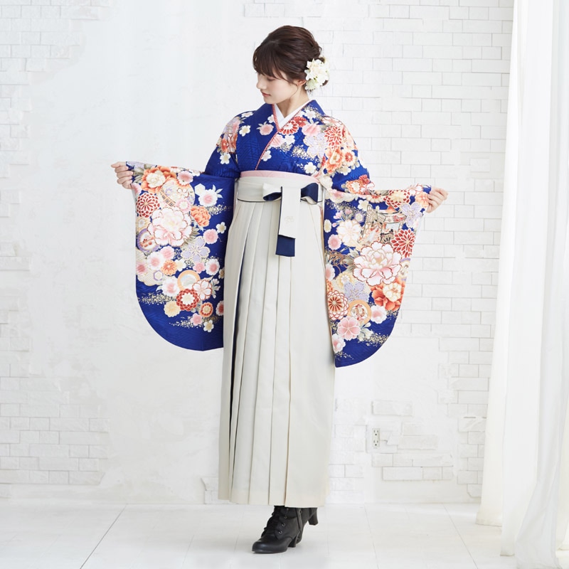  【SALE】 紺　花に御所車 レンタル 大学生袴 G841