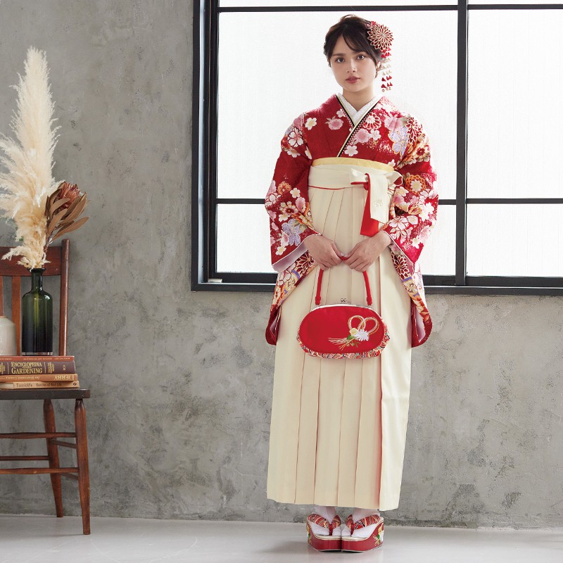  赤　花と御所車 レンタル 大学生袴 G840