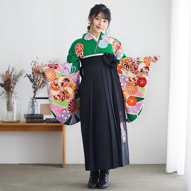  【SALE】 緑　麻の葉に梅菊 レンタル 大学生袴 G839