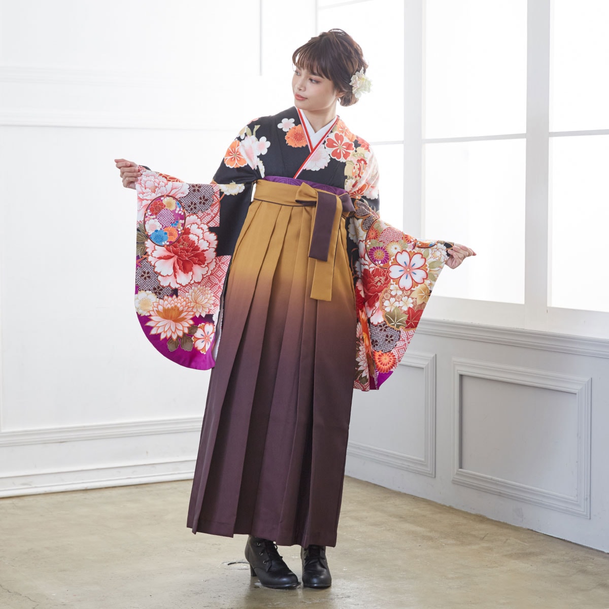  【SALE】 黒　花尽くし レンタル 大学生袴 G835