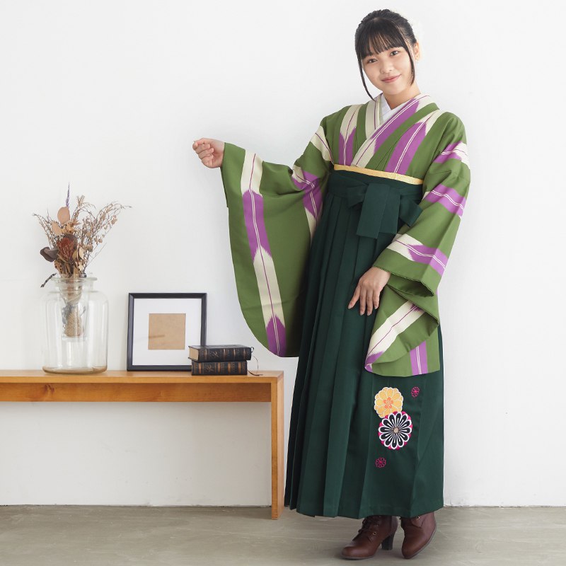  【SALE】 緑　矢絣 レンタル 大学生袴 G832