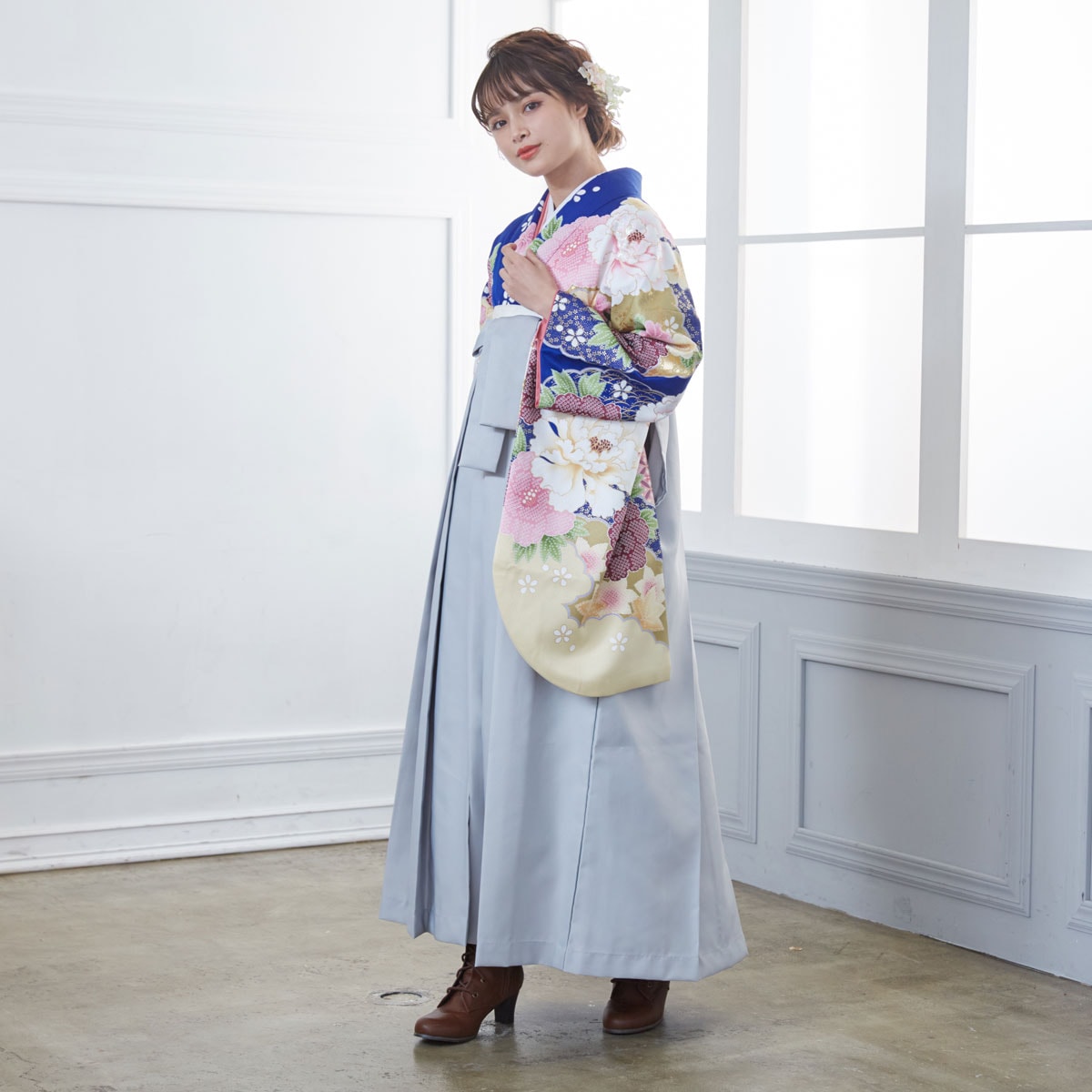  【SALE】 青 牡丹に染疋田 レンタル 大学生袴 G818