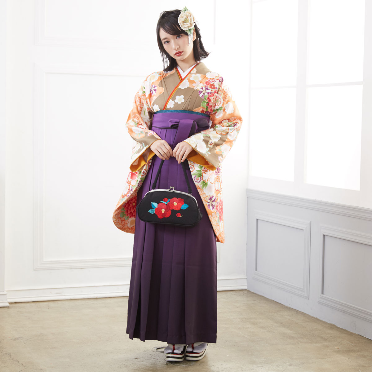  【SALE】 茶 豪華牡丹菊に桜 レンタル 大学生袴 G816