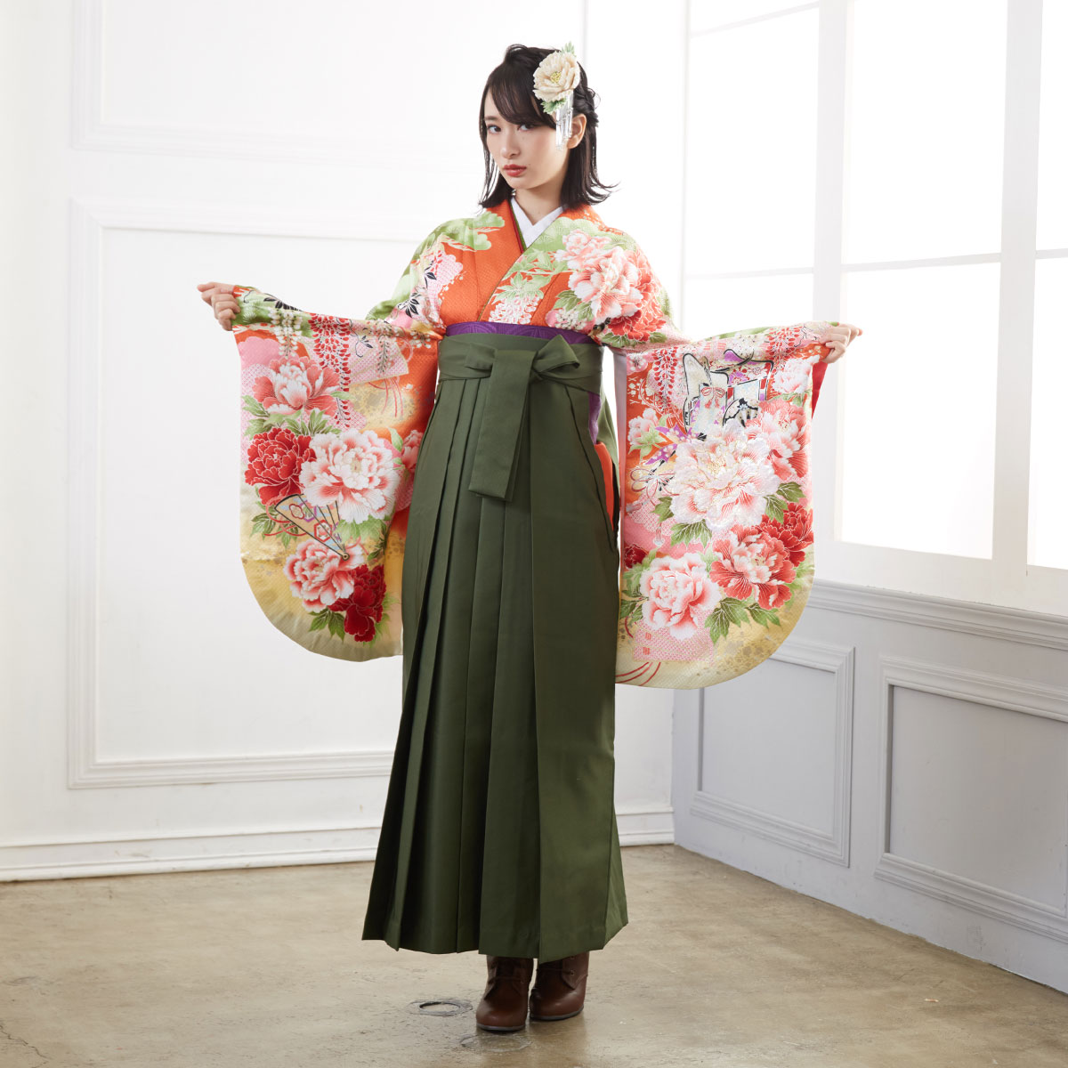  【SALE】 橙 豪華牡丹藤に御所車 レンタル 大学生袴 G814