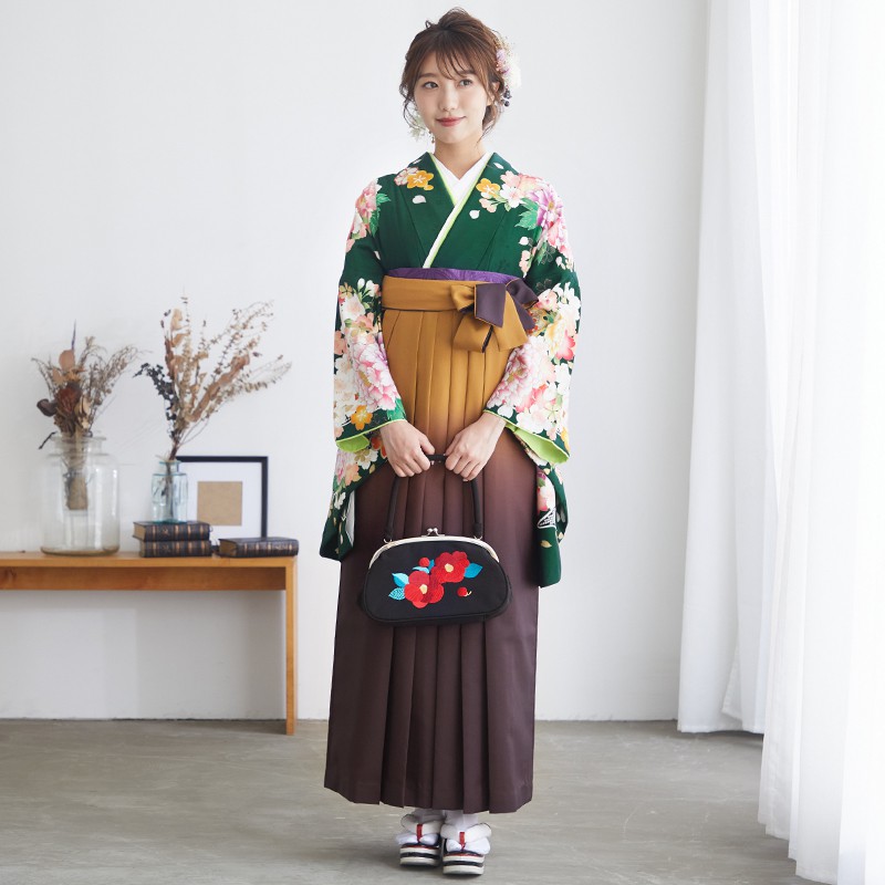  【SALE】 深緑　牡丹に桜 レンタル 大学生袴 G757