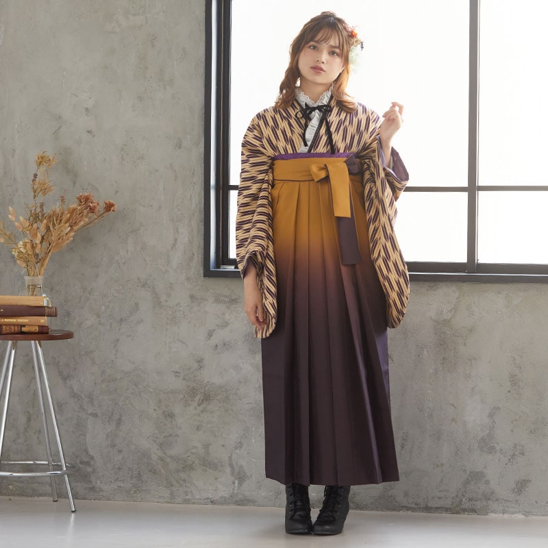  【SALE】 紫×ベージュ　矢絣 レンタル 大学生袴 G743