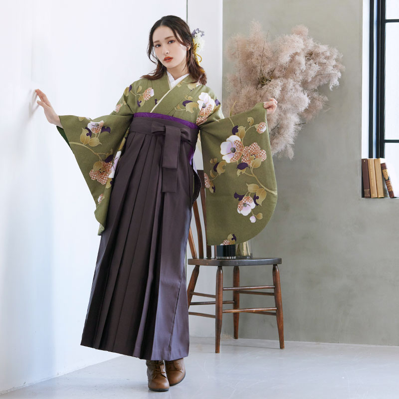 Adam＆Eve 【SALE】 鶯色　市松柄椿 レンタル 大学生袴 G731