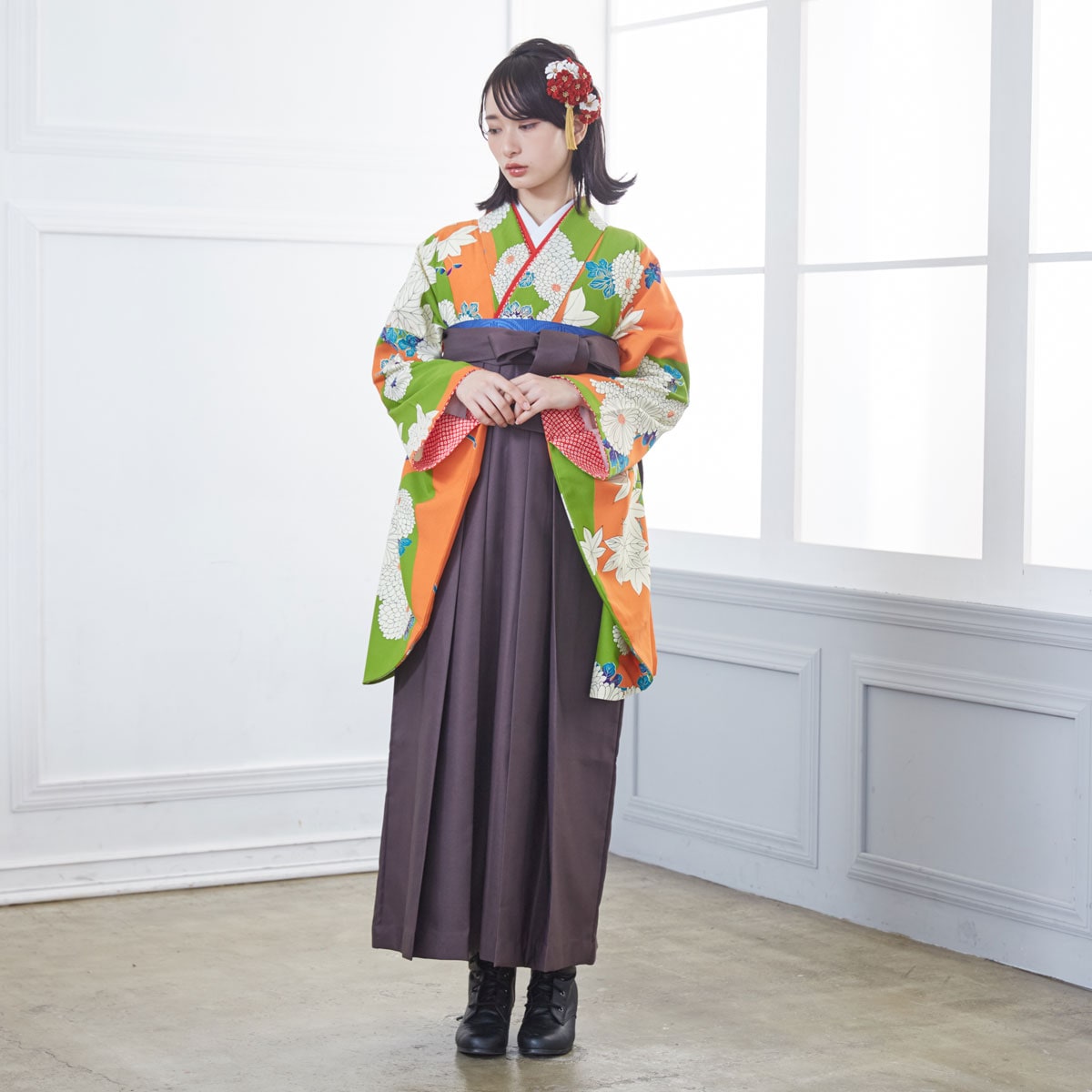 九重 【SALE】 オレンジ　万寿菊と楓 レンタル 大学生袴 G727