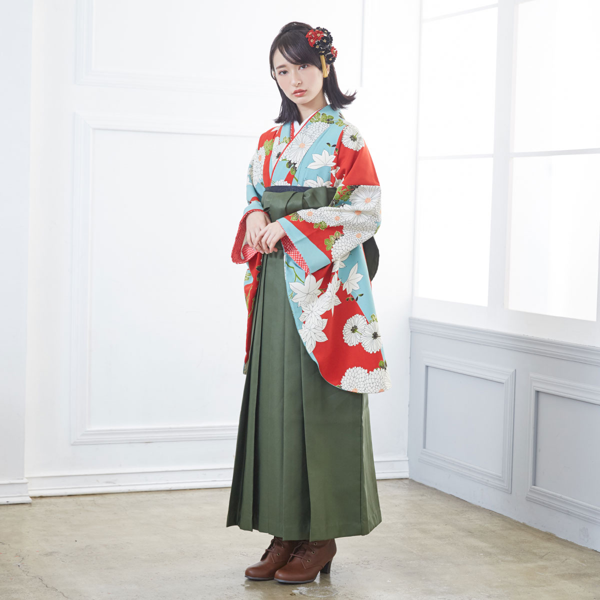 九重 【SALE】 赤　万寿菊と楓 レンタル 大学生袴 G726