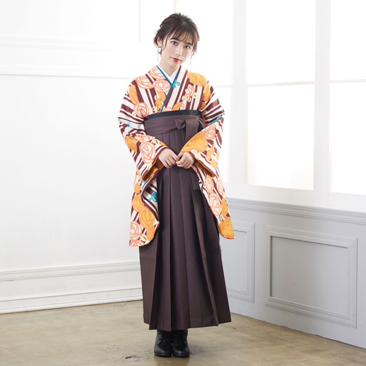  【SALE】 白茶　縞に薔薇 G721  宅 Web限定商品 レンタル 大学生袴 G713