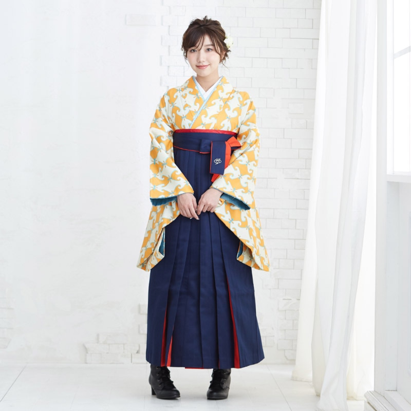  【SALE】 オレンジ　幾何学模様 レンタル 大学生袴 G709