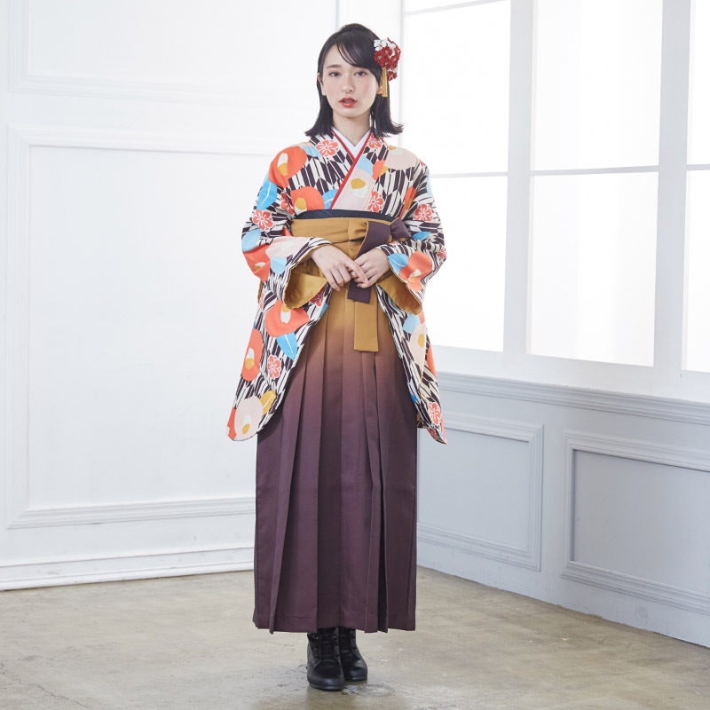  【SALE】 クリーム/茶　矢絣に椿 G694  A071  G892 レンタル 大学生袴 G686