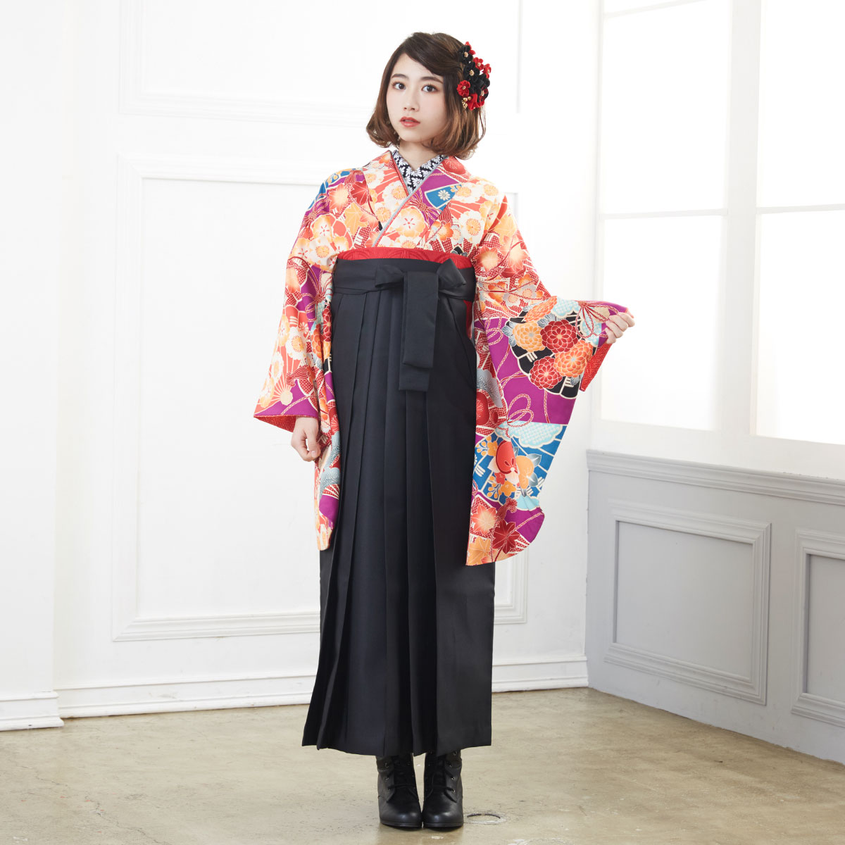 九重 【SALE】 紫　花扇 A065 レンタル 大学生袴 G682