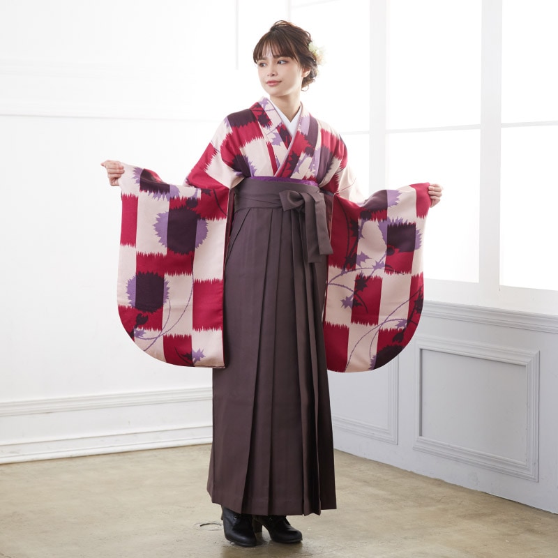  【SALE】 ピンク　市松アザミ G671W レンタル 大学生袴 G665