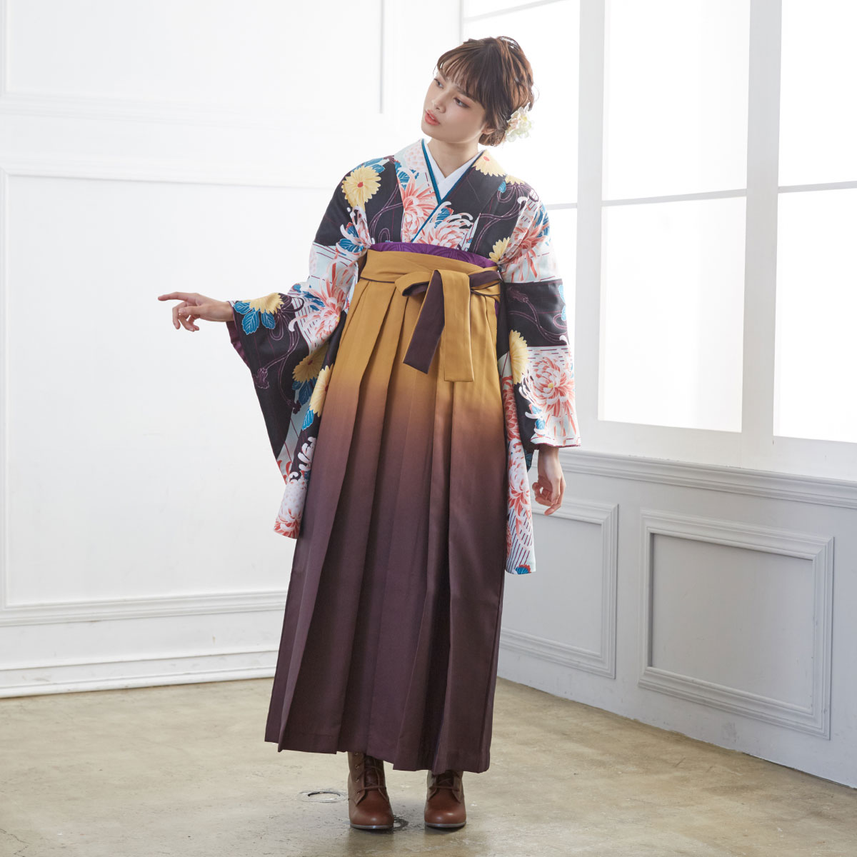  【SALE】 薄緑黒 矢羽根に菊 G669W レンタル 大学生袴 G663