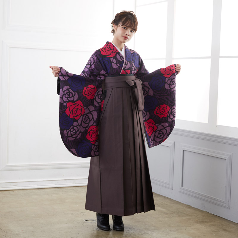  【SALE】 黒　疋田薔薇 A045 レンタル 大学生袴 G645