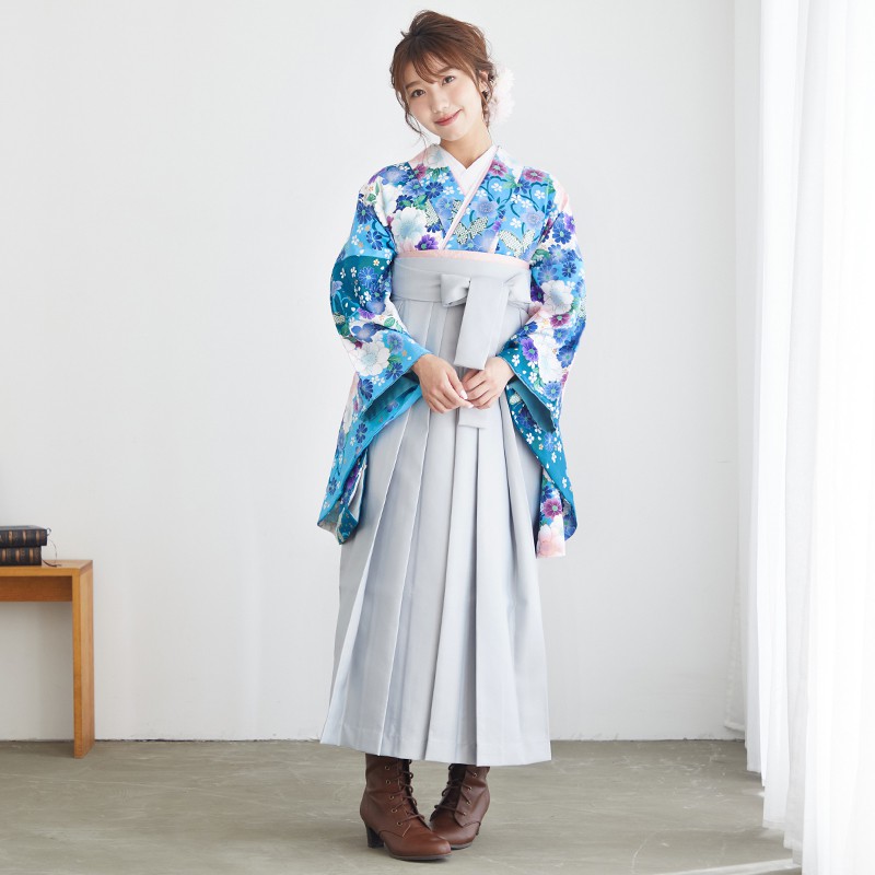  【SALE】 ブルー　八重桜に蝶 レンタル 大学生袴 G644