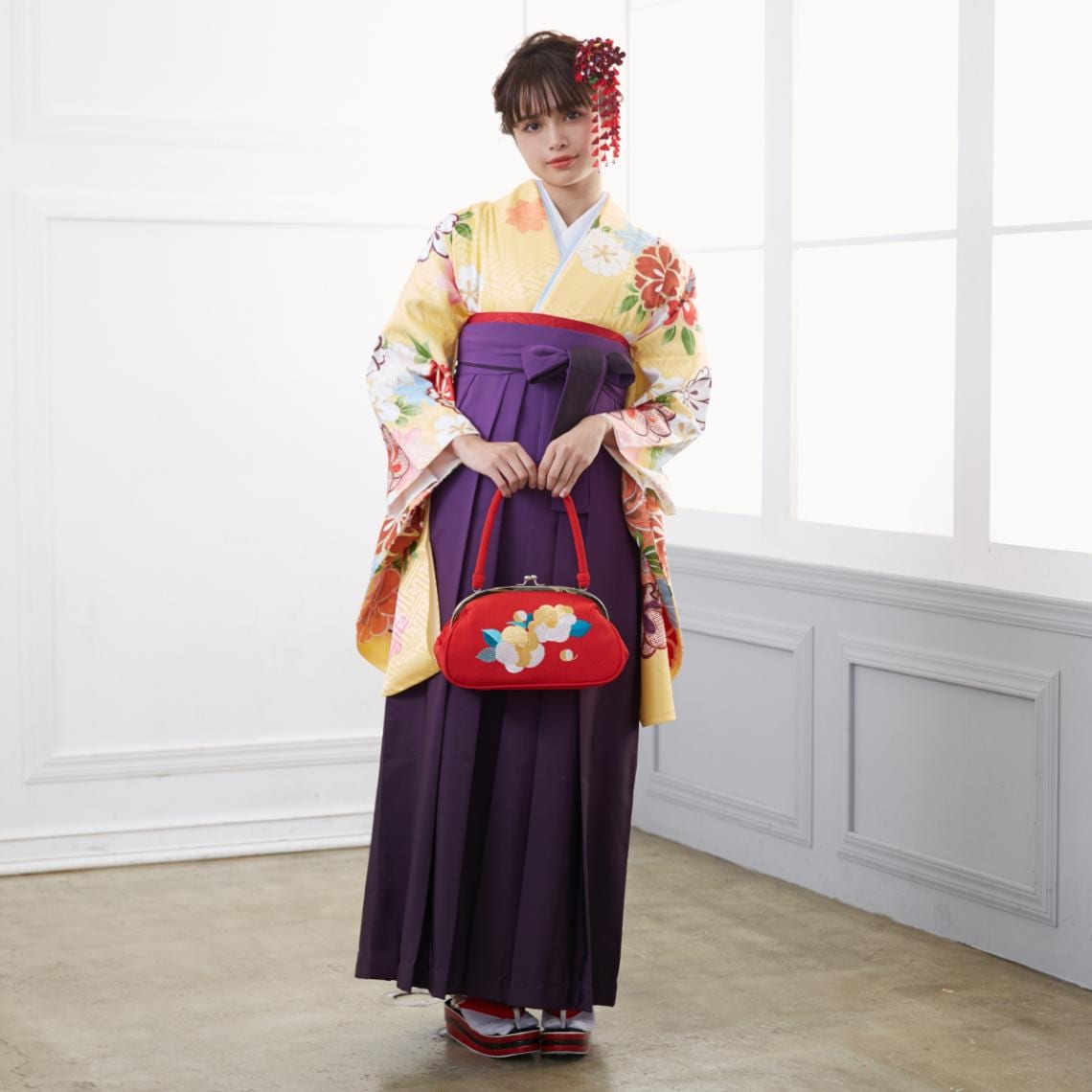  【SALE】 黄　雪輪に桜菊花 G820 レンタル 大学生袴 G638